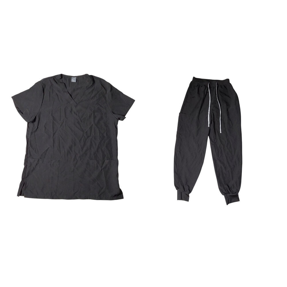 Women's Size S Black Scrubs Set Pockets Drawstring Bottoms & Top FREE SHIPPING